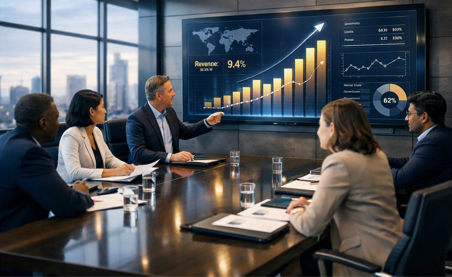 Reunión de trabajo revisando resultados financieros