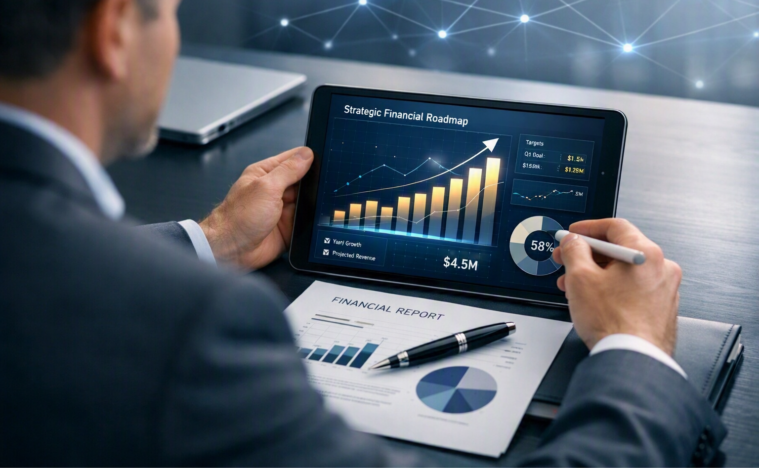 Revisión de un plan financiero en una tablet